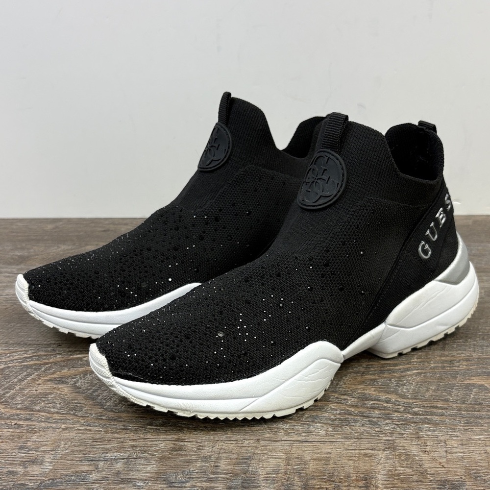 GUESS GWBELLINI Rhinestone Knit Slip-On Sneakers – Black & White | Women’s 7.5